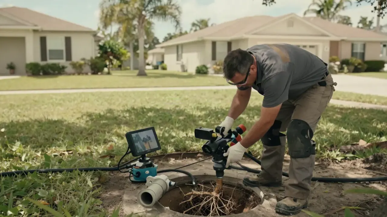 Tree Root Removal from Drain Lines in Bradenton, Florida: drain cleaning technician is inspecting the internal view of a