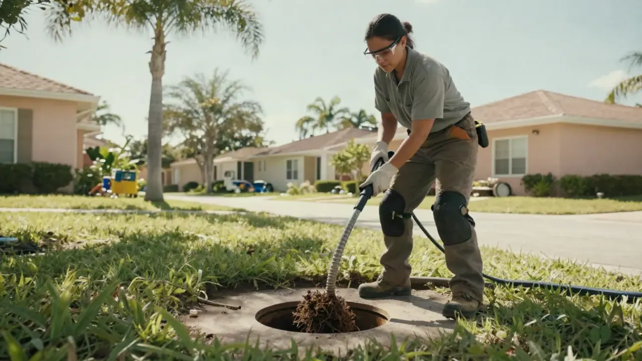 Drain Cleaning in Bradenton, Florida: drain cleaning technician is wearing thick gloves, carefully retrieving a heavily