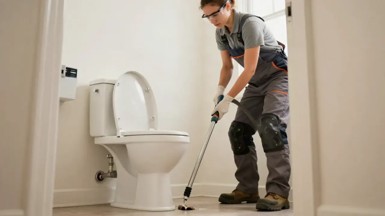 Clogged Toilet Drain Clearing in Bradenton, Florida: drain cleaning technician is using a closet auger to clear a clogged