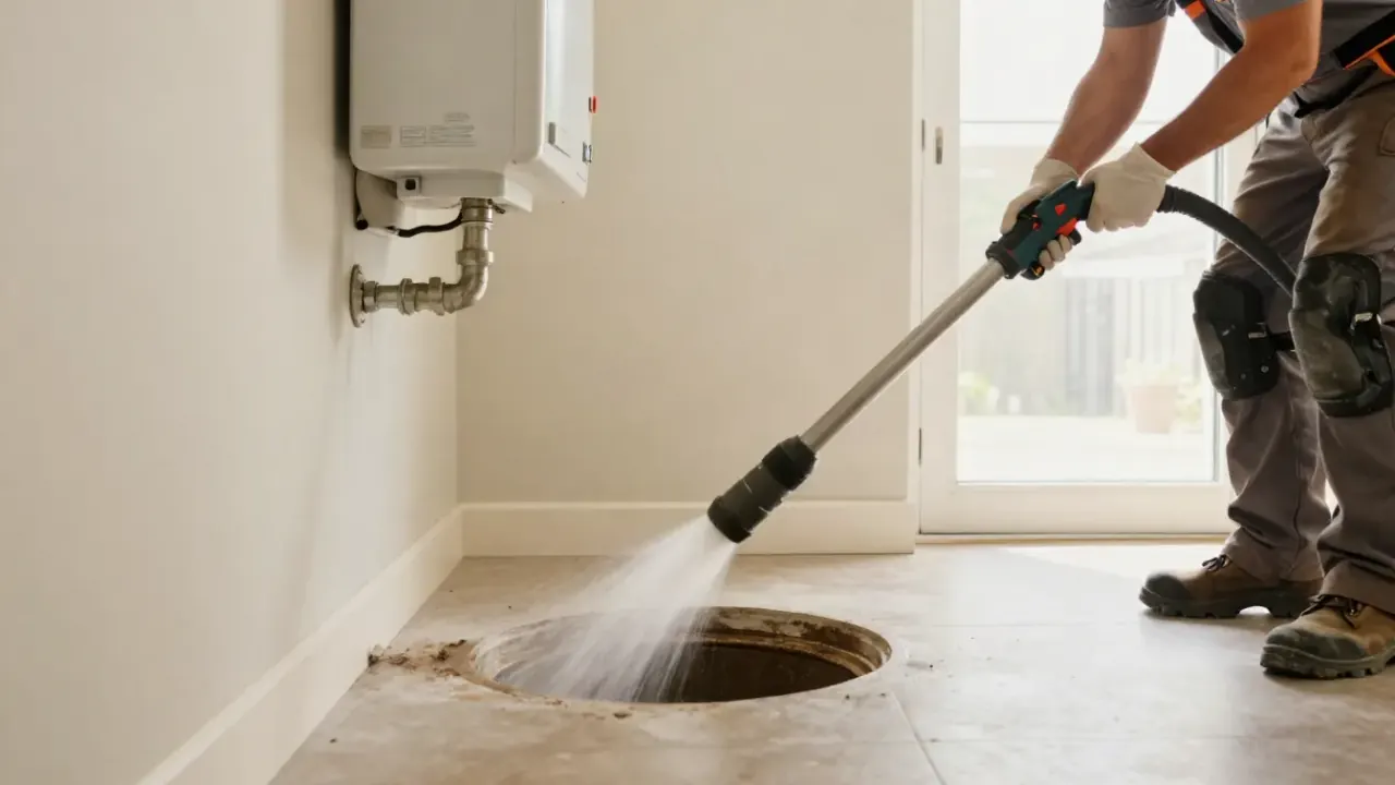 Drain Cleaning in Bradenton, Florida: close-up of a powerful hydro-jetting nozzle spraying high-pressure water inside a