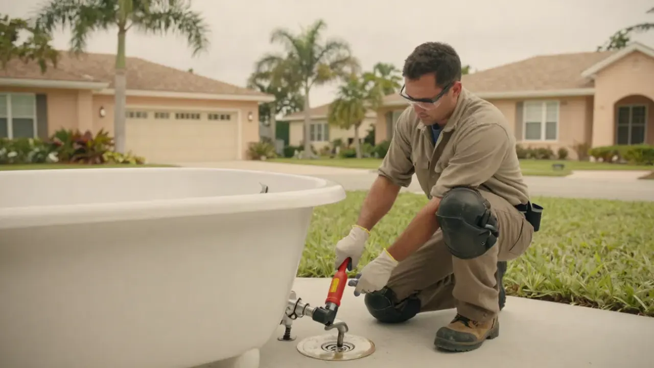 Shower and Tub Drain Cleaning in Bradenton, Florida: drain cleaning technician is removing the overflow plate from a bathtub